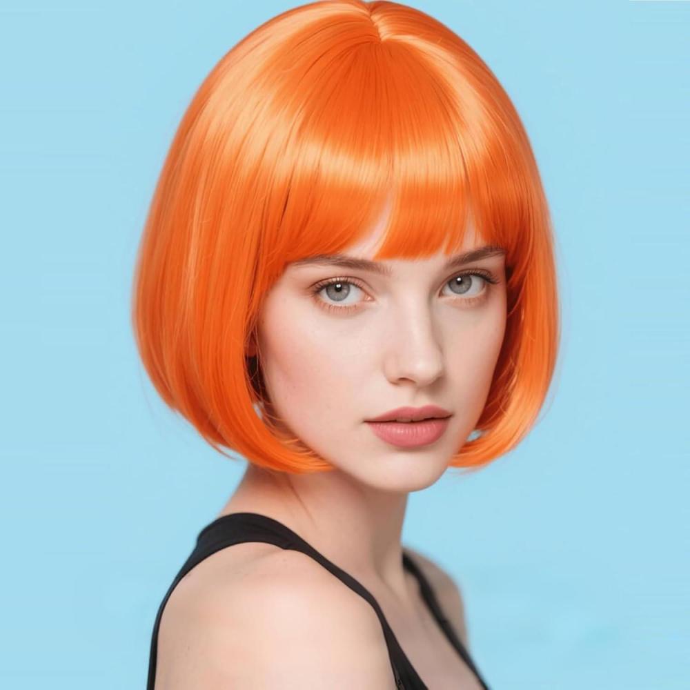 image:imageCreamily Perruques courtes au carr de 25 cm lisses avec frange plate synthtiques colores cosplay fte femmes naturelles comme vrais cheveux bonnet perruque gratuit NoirOrange