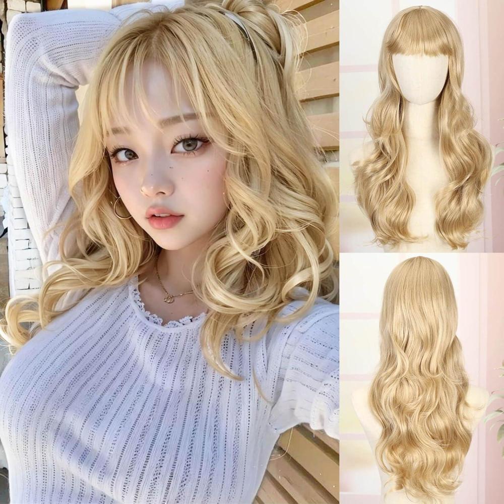 image:imageCreamily Perruques courtes au carr de 25 cm lisses avec frange plate synthtiques colores cosplay fte femmes naturelles comme vrais cheveux bonnet perruque gratuit NoirBlonde Ondul