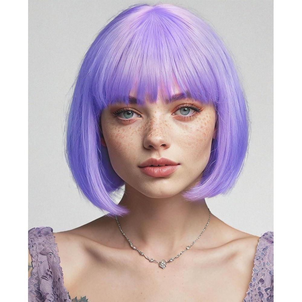 image:imageCreamily Perruques courtes au carr de 25 cm lisses avec frange plate synthtiques colores cosplay fte femmes naturelles comme vrais cheveux bonnet perruque gratuit NoirViolet