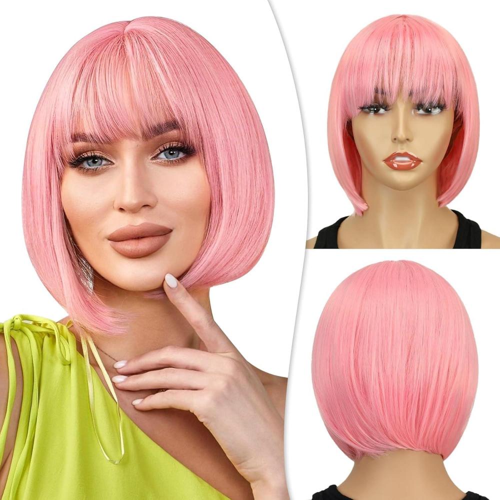 image:imageCreamily Perruques courtes au carr de 25 cm lisses avec frange plate synthtiques colores cosplay fte femmes naturelles comme vrais cheveux bonnet perruque gratuit NoirRose