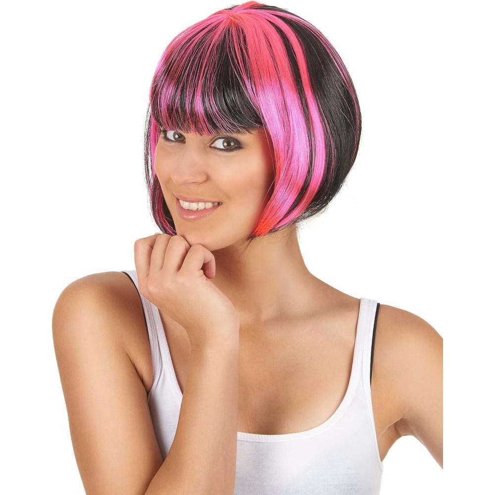 image:imageDEGUISE TOI Perruque carr court mche noir et rose femme Perruque Taille Unique Noir Accessoires pour dguisement Synthtique 100 Polyester 100 Polyester