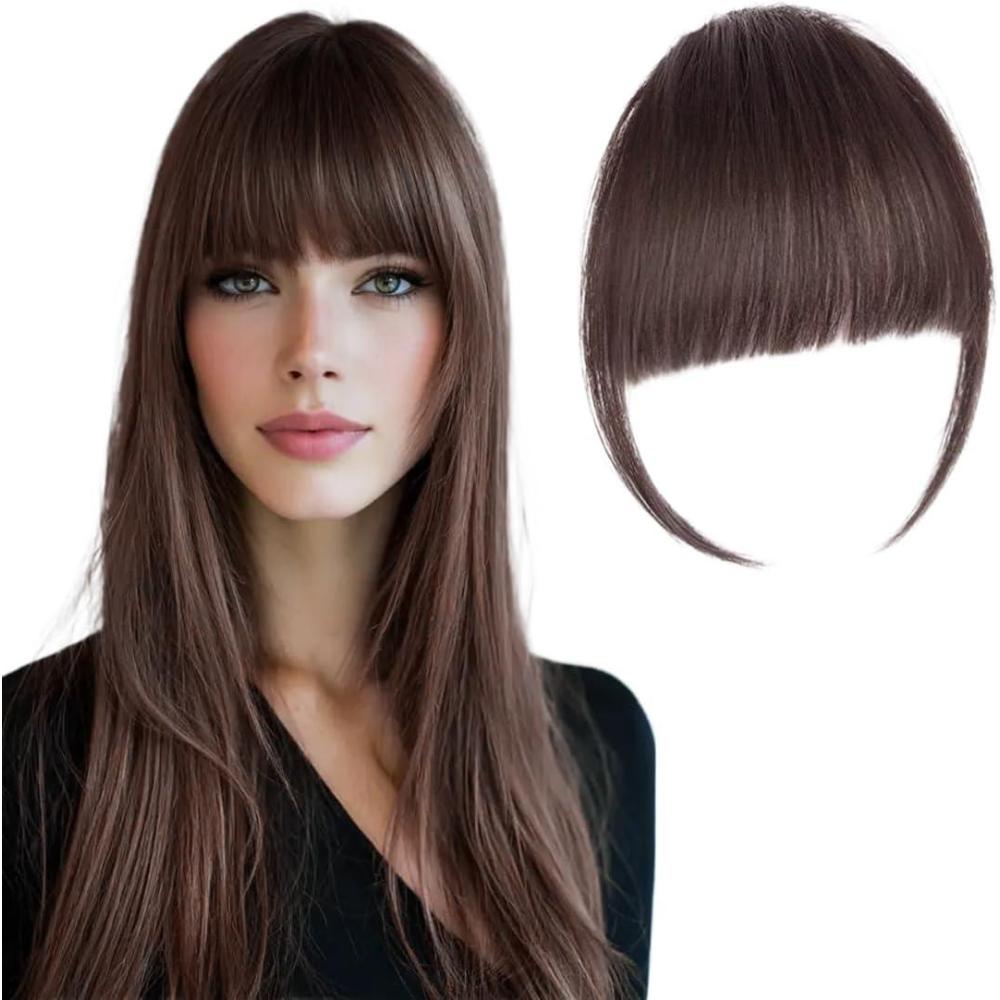 image:imageExtension Cheveux Naturel 1 Perruque Clip avec Frange Air Brun Clair Mches de Tempes Lgrement Respirantes Toile Intrieure Tisse la Main Extensions Cheveux Naturels Faciles Porter