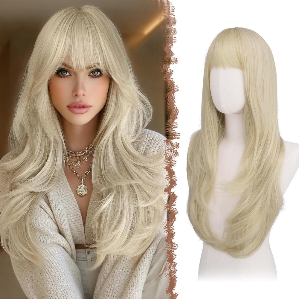 image:imageFESHFEN Perruque Longue avec Frange Perruque Noir pour Femmes Dgrad Cheveux Naturelle Synthtique Perruques Ondul Layered Wig Utilisation Quotidienne Ftes 65 cmBlond PlatineFrange Franaise