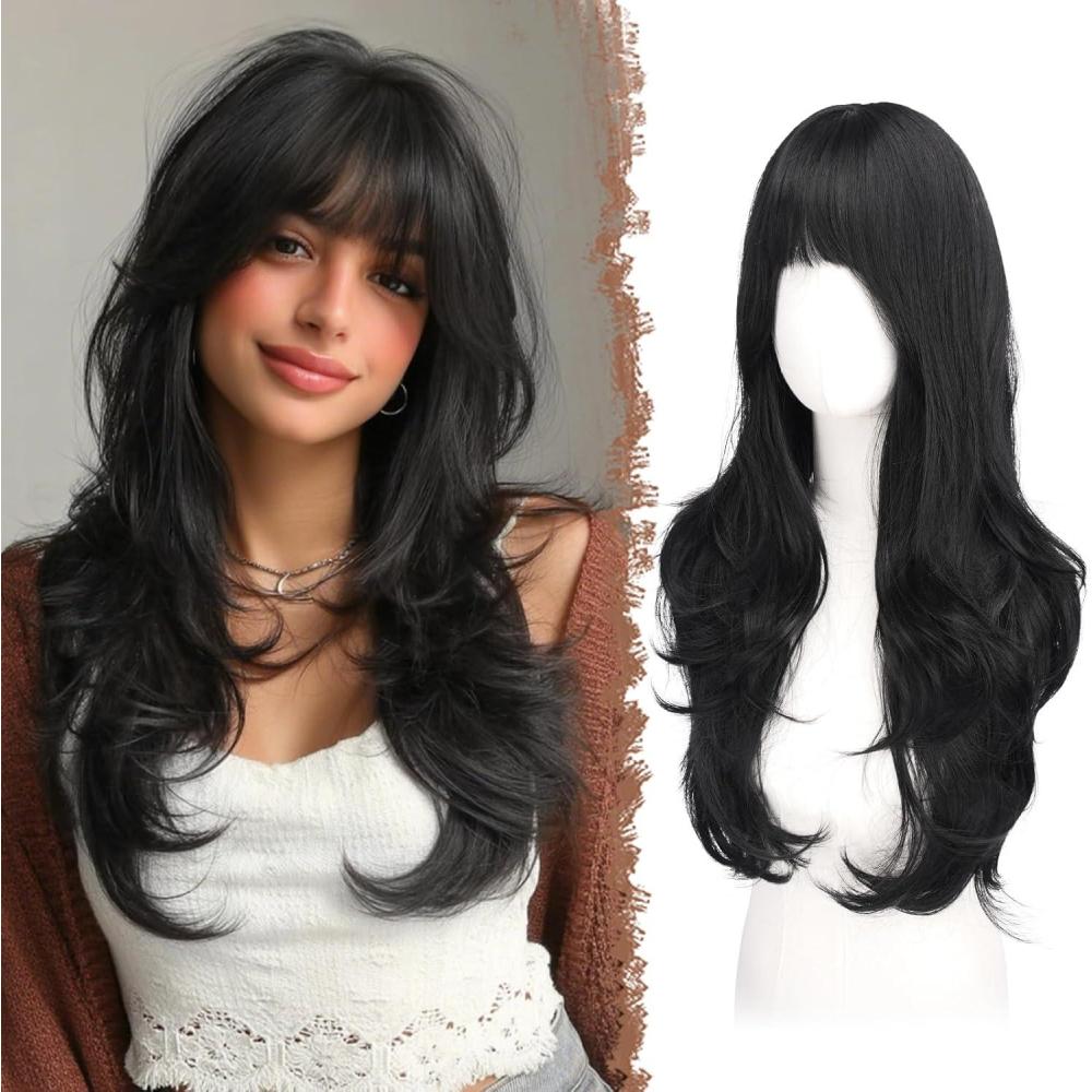 image:imageFESHFEN Perruque Longue avec Frange Perruque Noir pour Femmes Dgrad Cheveux Naturelle Synthtique Perruques Ondul Layered Wig Utilisation Quotidienne Ftes 65 cmNoirFrange Franaise