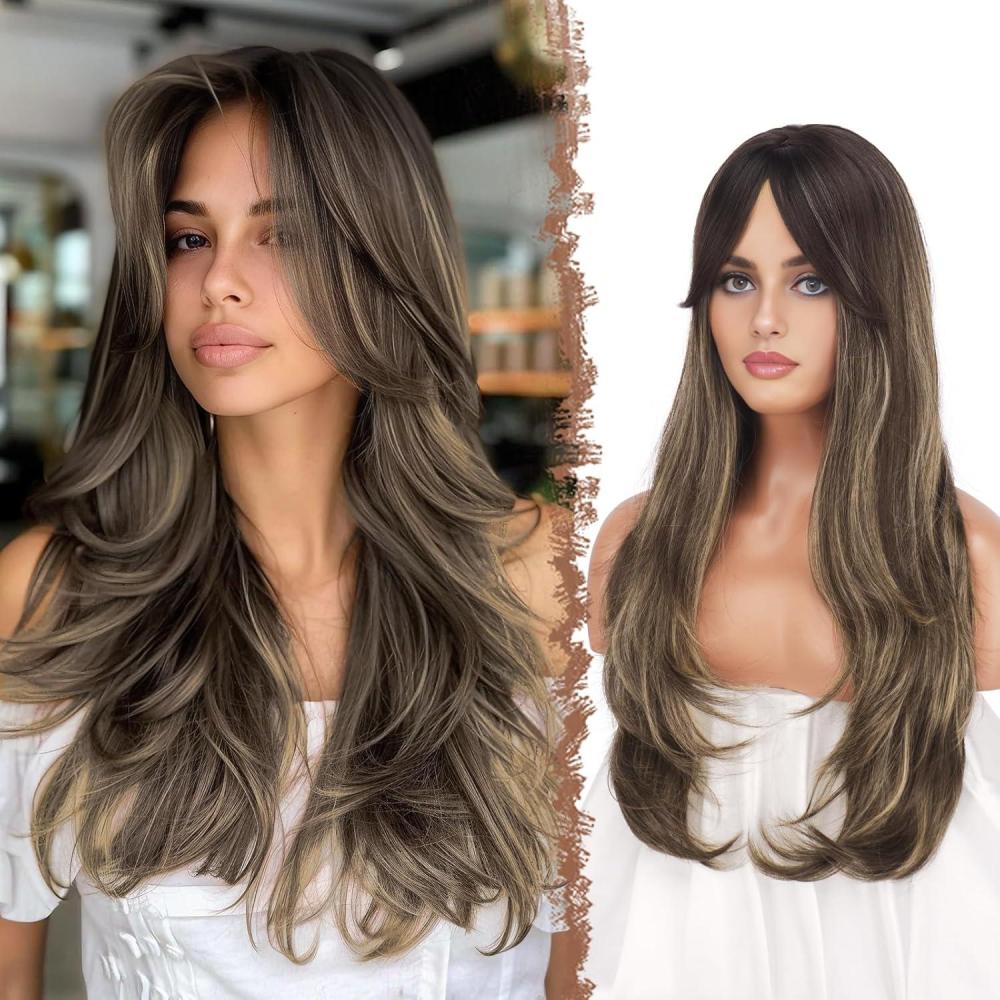 image:imageFESHFEN Perruque Longue avec Frange Perruque Noir pour Femmes Dgrad Cheveux Naturelle Synthtique Perruques Ondul Layered Wig Utilisation Quotidienne Ftes 65 cmOmbre Brun BlondCurtain Bangs