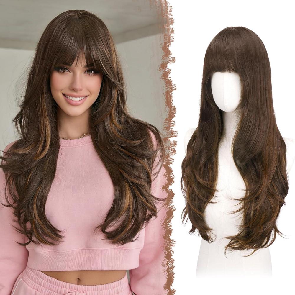 image:imageFESHFEN Perruque Longue avec Frange  Perruque Noir pour Femmes Dgrad Cheveux Naturelle Synthtique Perruques Ondul Layered Wig Utilisation Quotidienne Ftes 65 cmBrun Mlang AuburnFrange Franaise