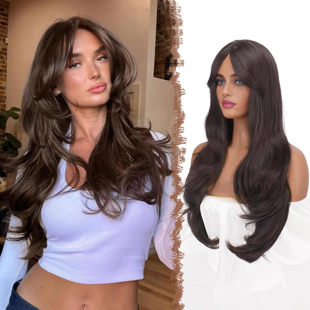 image:imageFESHFEN Perruque Longue avec Frange Perruque Noir pour Femmes Dgrad Cheveux Naturelle Synthtique Perruques Ondul Layered Wig Utilisation Quotidienne Ftes 65 cmBrun MoyenCurtain Bangs