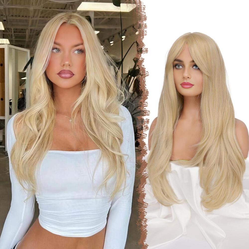 image:imageFESHFEN Perruque Longue avec Frange  Perruque Noir pour Femmes Dgrad Cheveux Naturelle Synthtique Perruques Ondul Layered Wig Utilisation Quotidienne Ftes 65 cmBlond PlatineCurtain Bangs