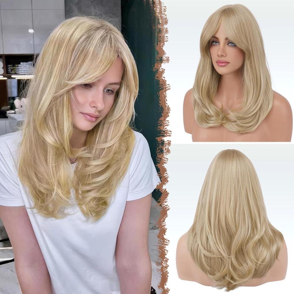 image:imageFESHFEN Perruque Longue avec Frange Naturelle Synthtiques Blond Clair Sale Perruque de Cheveux Perruque Carnaval de Cosplay pour Femme 45 cmBlond SaleCurtain Bangs
