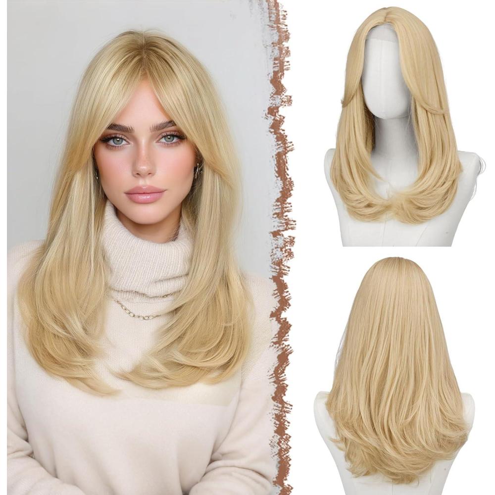 image:imageFESHFEN Perruque Longue avec Frange Naturelle Synthtiques Blond Clair Sale Perruque de Cheveux Perruque Carnaval de Cosplay pour Femme 45 cmBlond clairlace frontal