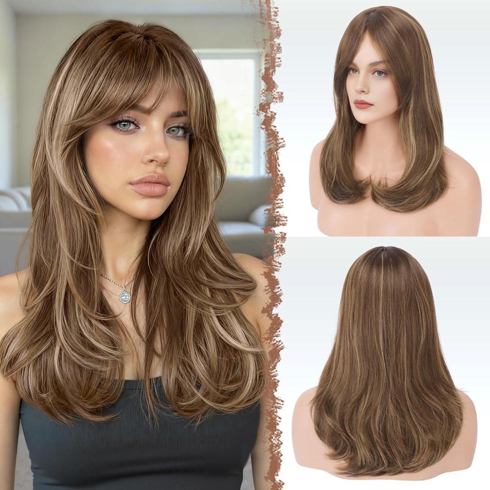 image:imageFESHFEN Perruque Longue avec Frange Naturelle Synthtiques Blond Clair Sale Perruque de Cheveux Perruque Carnaval de Cosplay pour Femme 45 cmBrown Mixed BlondCurtain Bangs