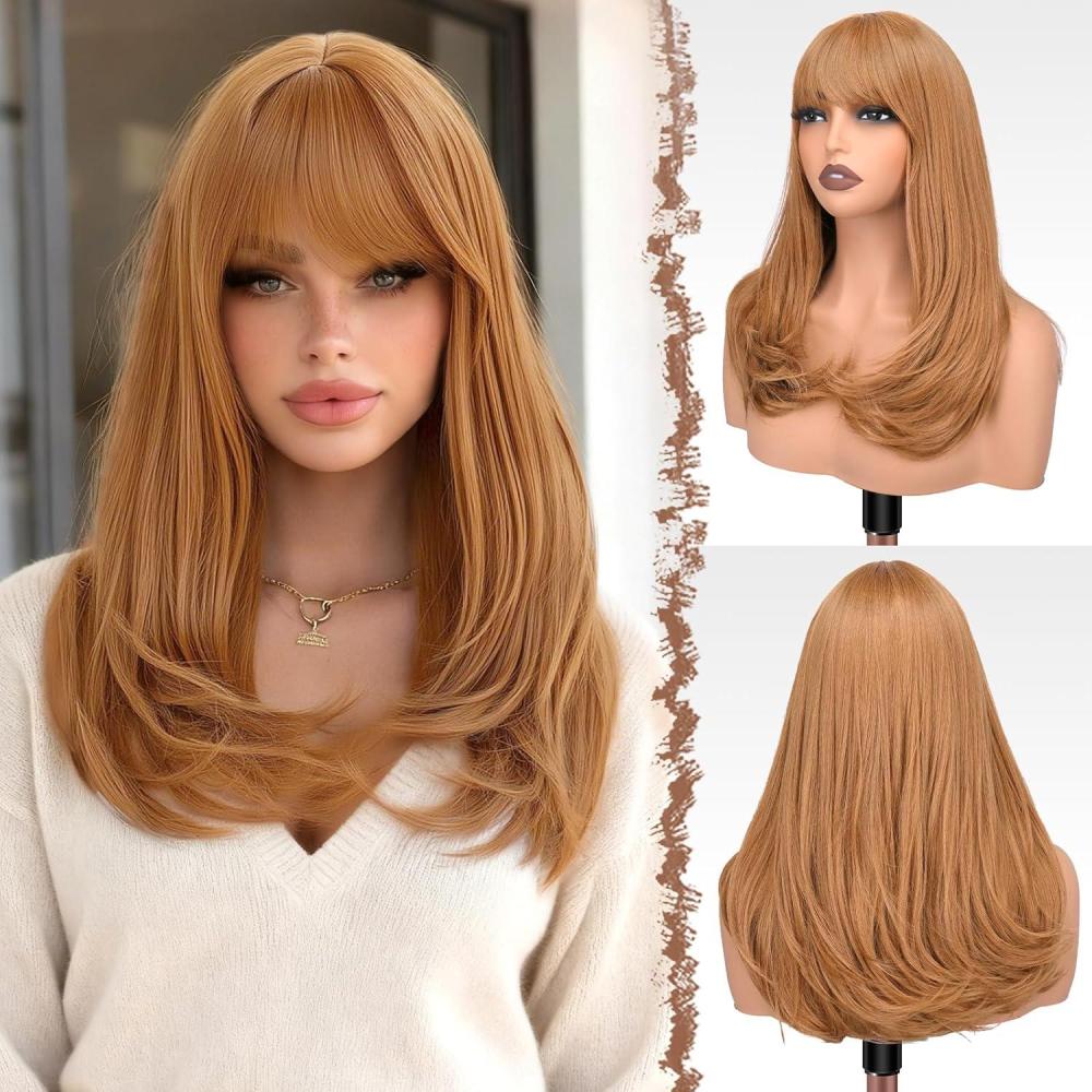 image:imageFESHFEN Perruque Longue avec Frange Naturelle Synthtiques Blond Clair Sale Perruque de Cheveux Perruque Carnaval de Cosplay pour Femme 45 cmBrun Auburn