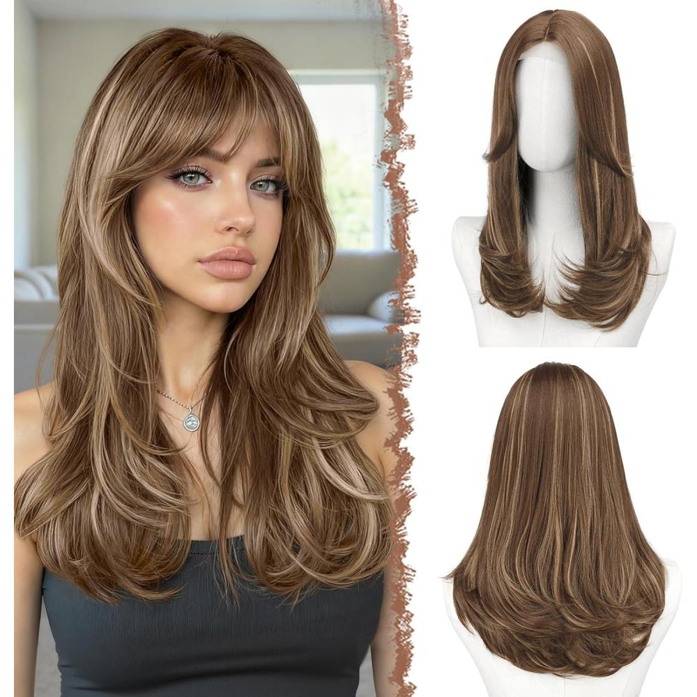 image:imageFESHFEN Perruque Longue avec Frange Naturelle Synthtiques Blond Clair Sale Perruque de Cheveux Perruque Carnaval de Cosplay pour Femme 45 cmBrun mlang blondlace frontal
