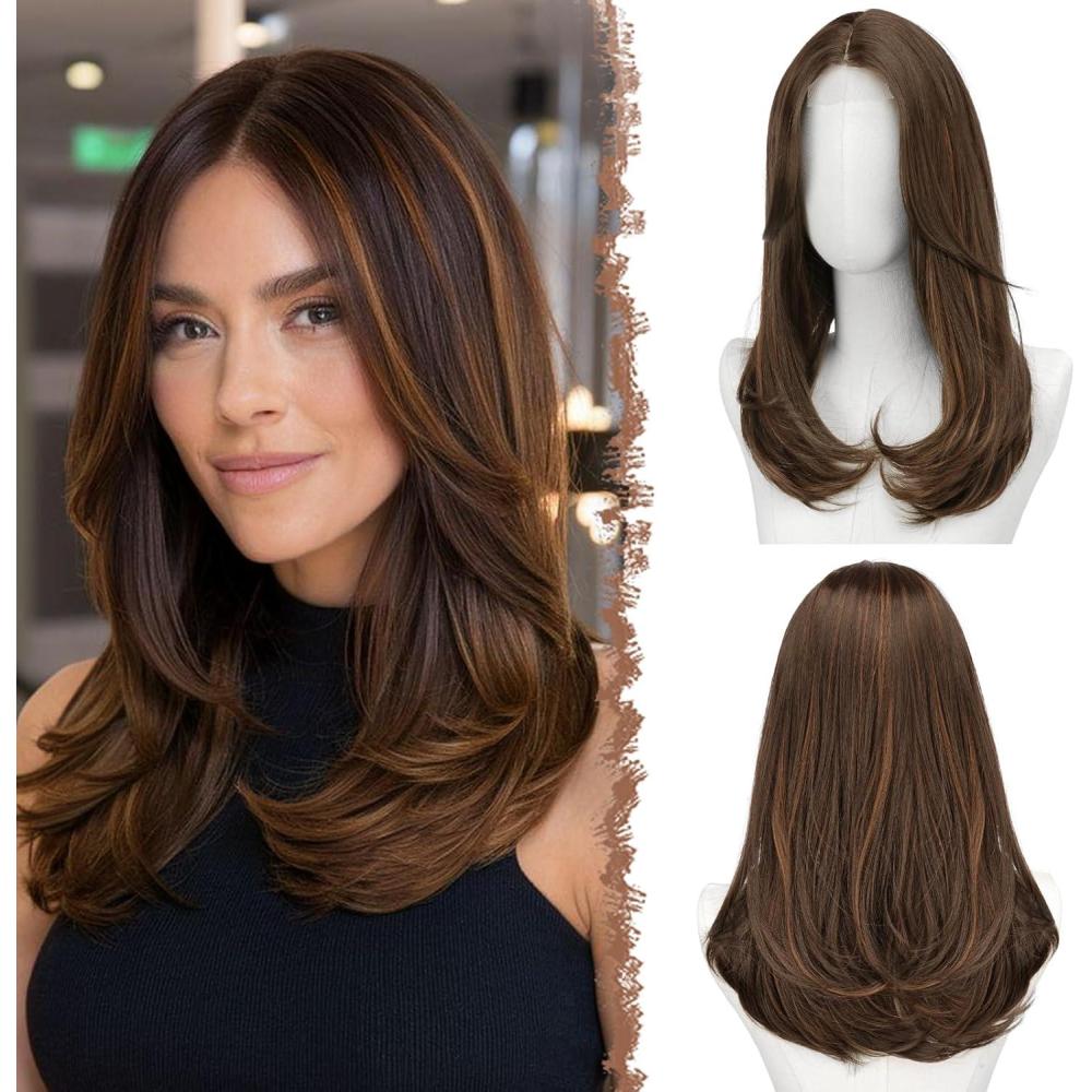image:imageFESHFEN Perruque Longue avec Frange Naturelle Synthtiques Blond Clair Sale Perruque de Cheveux Perruque Carnaval de Cosplay pour Femme 45 cmBrun mlang auburnlace frontal