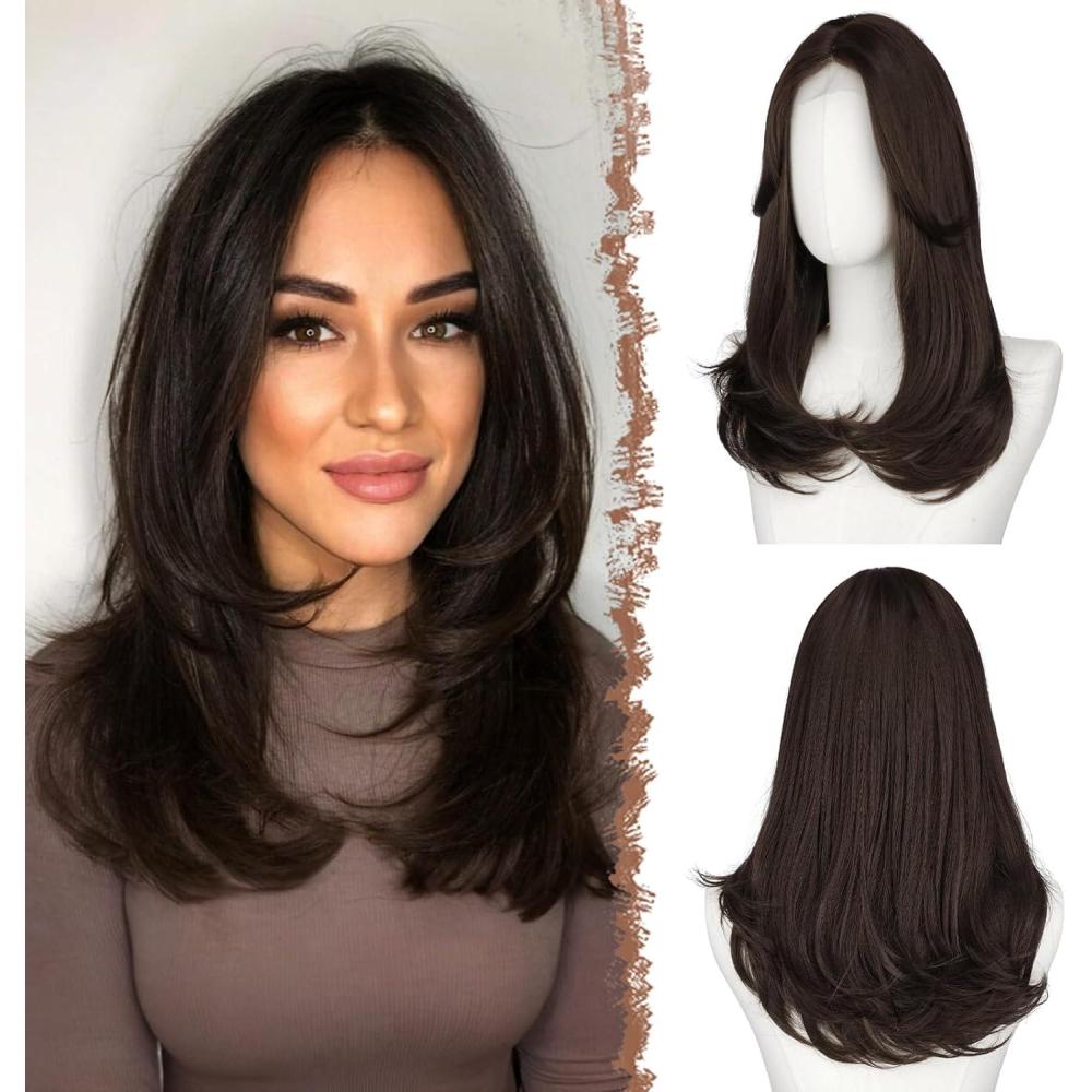 image:imageFESHFEN Perruque Longue avec Frange Naturelle Synthtiques Blond Clair Sale Perruque de Cheveux Perruque Carnaval de Cosplay pour Femme 45 cmBrunlace frontal