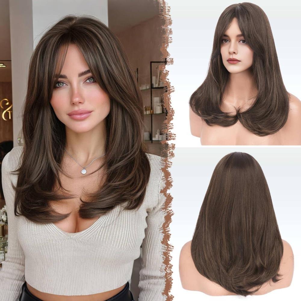 image:imageFESHFEN Perruque Longue avec Frange Naturelle Synthtiques Blond Clair Sale Perruque de Cheveux Perruque Carnaval de Cosplay pour Femme 45 cmChtain avec RefletsCurtain Bangs
