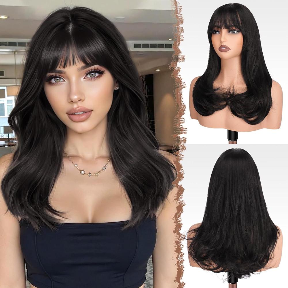 image:imageFESHFEN Perruque Longue avec Frange Naturelle Synthtiques Blond Clair Sale Perruque de Cheveux Perruque Carnaval de Cosplay pour Femme 45 cmNoir Naturel