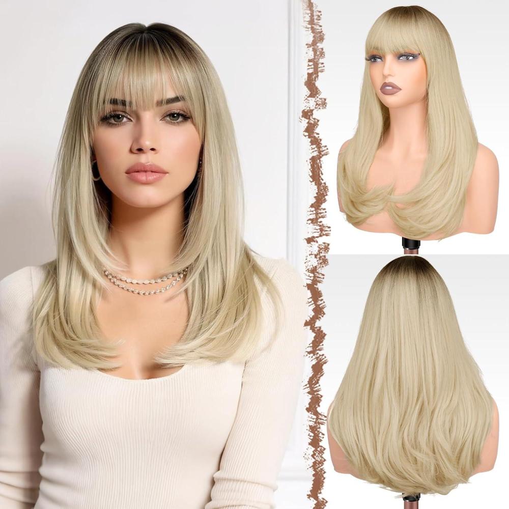 image:imageFESHFEN Perruque Longue avec Frange Naturelle Synthtiques Blond Clair Sale Perruque de Cheveux Perruque Carnaval de Cosplay pour Femme 45 cmOmbre Blonde