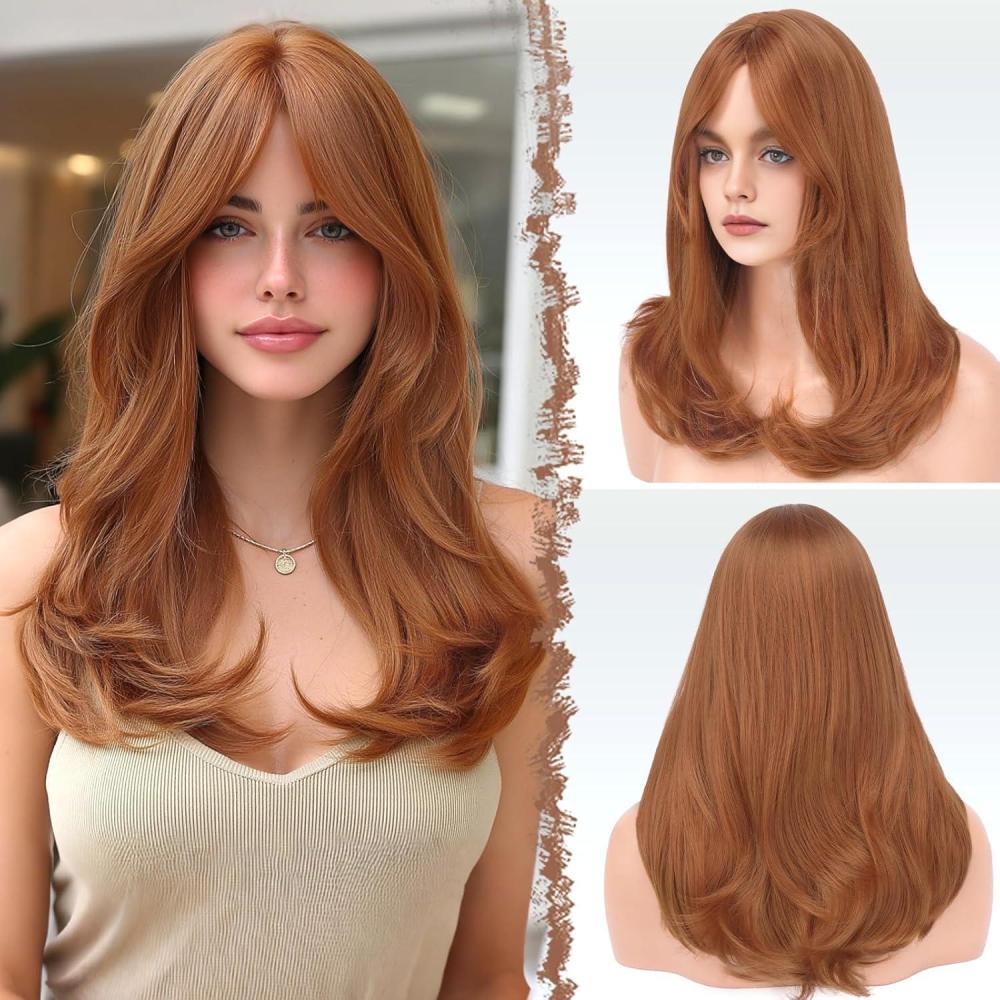 image:imageFESHFEN Perruque Longue avec Frange Naturelle Synthtiques Blond Clair Sale Perruque de Cheveux Perruque Carnaval de Cosplay pour Femme 45 cmStandard Rouge cuivr