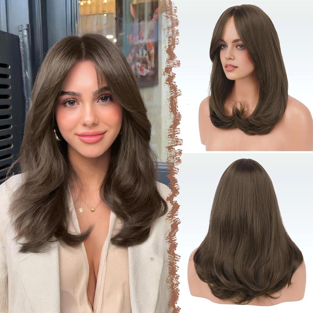 image:imageFESHFEN Perruque Longue avec Frange Naturelle Synthtiques Blond Clair Sale Perruque de Cheveux Perruque Carnaval de Cosplay pour Femme 45 cmStandard Marron moyen