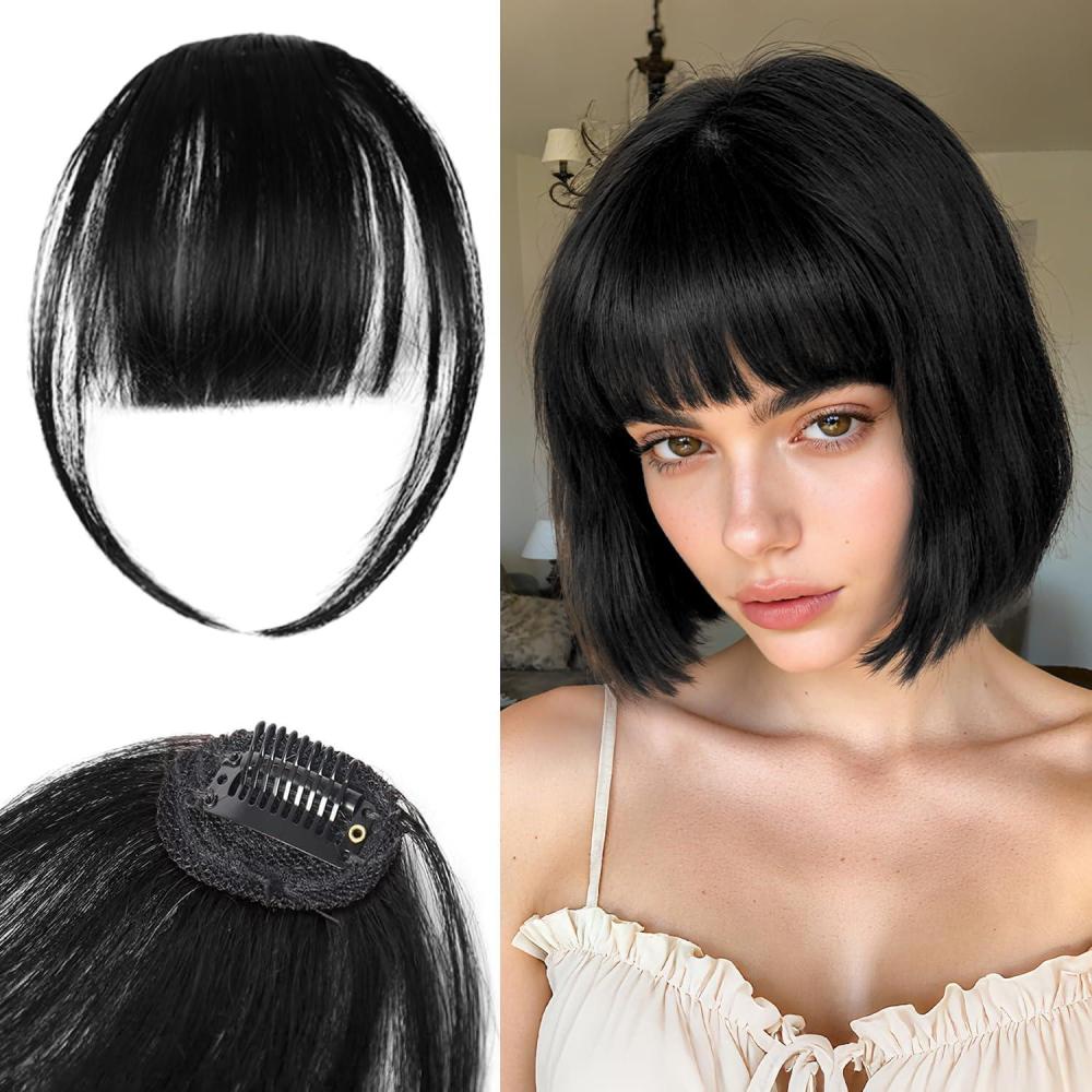 image:imageIGXX Frange ClipIn Noir Naturel 100 Cheveux Humains Accessoire Capillaire pour Femmes Frange Clipon en Vritable Cheveux Humains avec Tempes Faux Frange Courbe pour Usage Quotidien