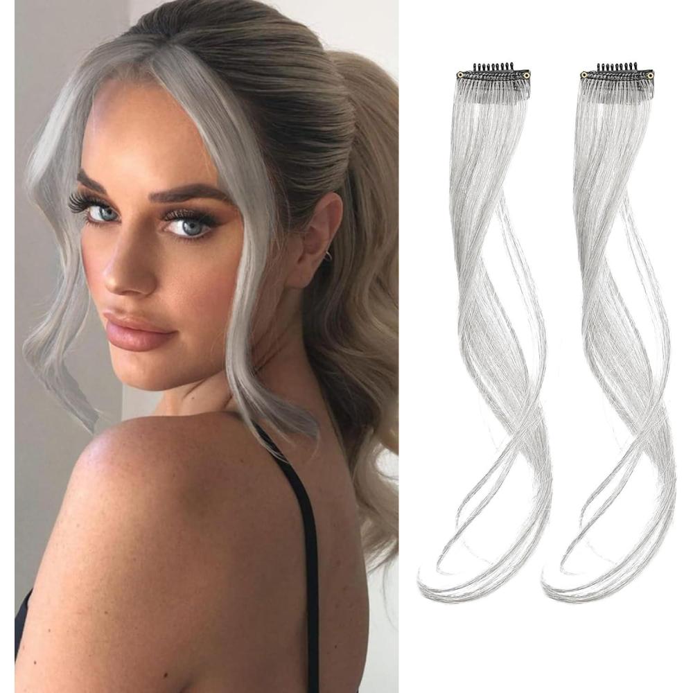 image:imageLot de 2 franges clipin avec longues tempes extensions synthtiques ondules de type curtain bangs mches encadrant le visage pour femmes 348 cm frange clip invisible blanc brume
