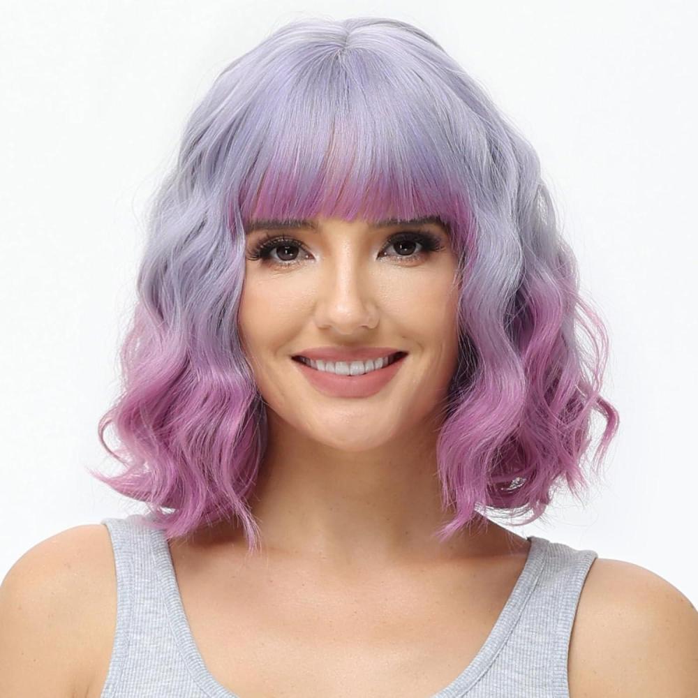 image:imagePerruque Femme Naturelle Courte Perruque Minoir Miblanc 30 cm avec Frange Synthtique de Haute Qualit Fte Halloween Cosplay Onduls Boucls Perruques pour FemmesT7 Violet clair  Rose