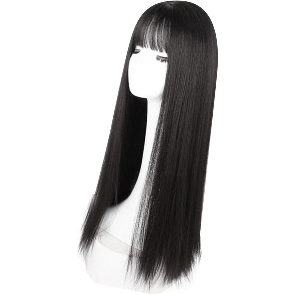 image:imagePerruque Longue Noire Droite avec Frange Perruque Noire de 283 Pouces Perruques Noires Synthtiques Naturelles pour Femmes Dames Cheveux Synthtiques en Couches Perruque Brune