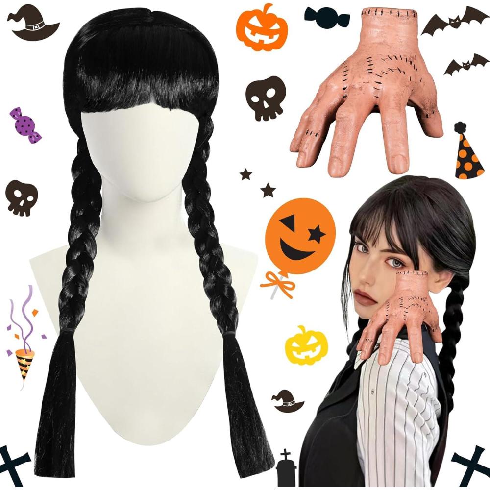 image:imagePerruque Mercredi avec Frange Mercredi Famille Hand Halloween Perruque Mercredi Addams pour Enfant Main Effrayante en Latex pour Dcoration Halloween Accessoire Photo pour Cosplay