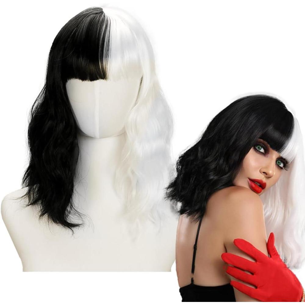 image:imagePerruque minoire miblanchePerruque CruellaPerruque de carnavalPerruques de fte Thmenoir blanc 1