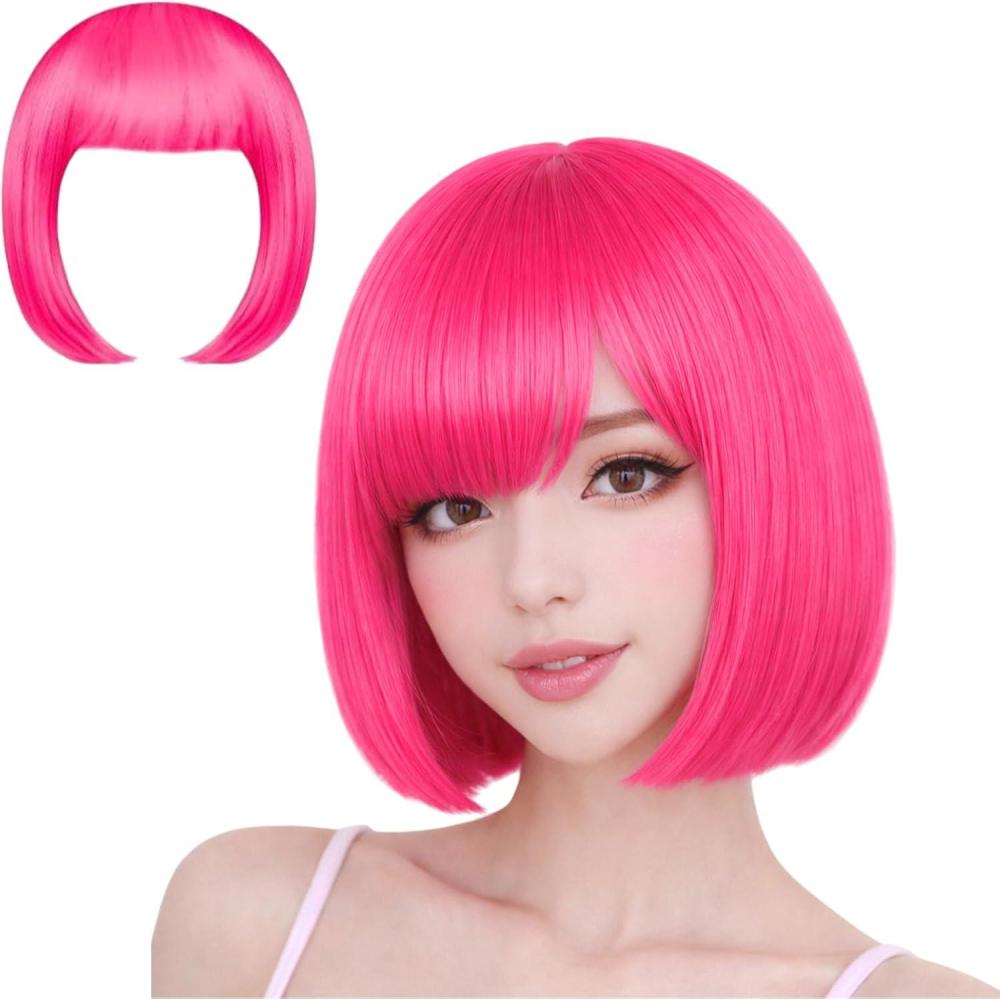 image:imageWigs Bob Wigs Pour Carnival Perruques De Cheveux Raides Pour Femmes Fiesta Motto Party Fiesta Perruques Femmes Courtes NoirRose Rou