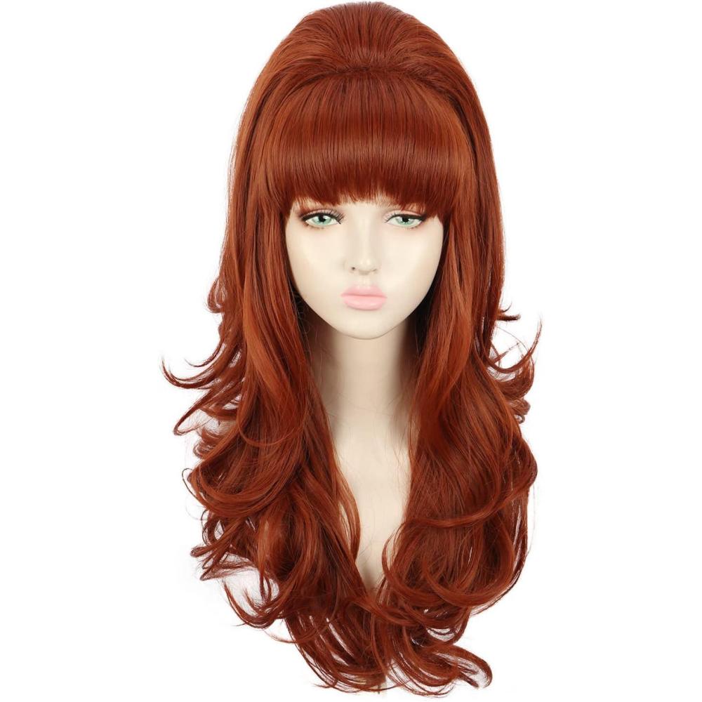 image:imageYuehong Perruque Femme Longue Boucle Noire Grande Bouffante Coiffe Ruche Annes 60 70 Rtro Costume Cheveux Perruque avec Fibres Synthtiques Rsistantes la Haute TempratureBrun Rouge