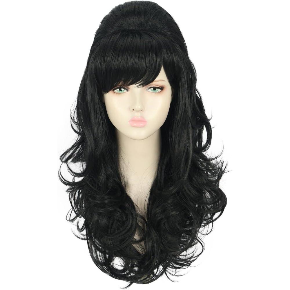 image:imageYuehong Perruque Femme Longue Boucle Noire Grande Bouffante Coiffe Ruche Annes 60 70 Rtro Costume Cheveux Perruque avec Fibres Synthtiques Rsistantes la Haute TempratureNoir