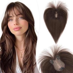 11 Pouces Volumateur Capillaire Femme Naturel Avec Frange Centrée Pour Chevelure Clairsemée cheveux humain 8 * 11cm-21g Toupet Femme Densité 150% Base en Soie,#27 Blond Foncé(#2 Brun Foncé)
