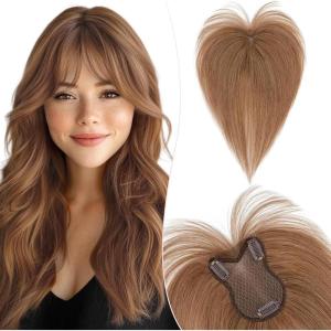 11 Pouces Volumateur Capillaire Femme Naturel Avec Frange Centrée Pour Chevelure Clairsemée cheveux humain 8 * 11cm-21g Toupet Femme Densité 150% Base en Soie,#27 Blond Foncé(#6 Châtain Clair)