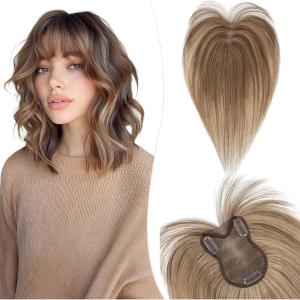 11 Pouces Volumateur Capillaire Femme Naturel Avec Frange Centrée Pour Chevelure Clairsemée cheveux humain 8 * 11cm-21g Toupet Femme Densité 150% Base en Soie,#27 Blond Foncé(#27 Blond Foncé)