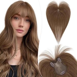 11 Pouces Volumateur Capillaire Femme Naturel Avec Frange Centrée Pour Chevelure Clairsemée cheveux humain 8 * 11cm-21g Toupet Femme Densité 150% Base en Soie,#27 Blond Foncé(#4 Châtain)