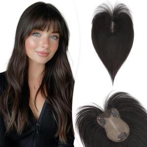 11 Pouces Volumateur Capillaire Femme Naturel Avec Frange Centrée Pour Chevelure Clairsemée cheveux humain 8 * 11cm-21g Toupet Femme Densité 150% Base en Soie,#27 Blond Foncé(#1B Noir Naturel)