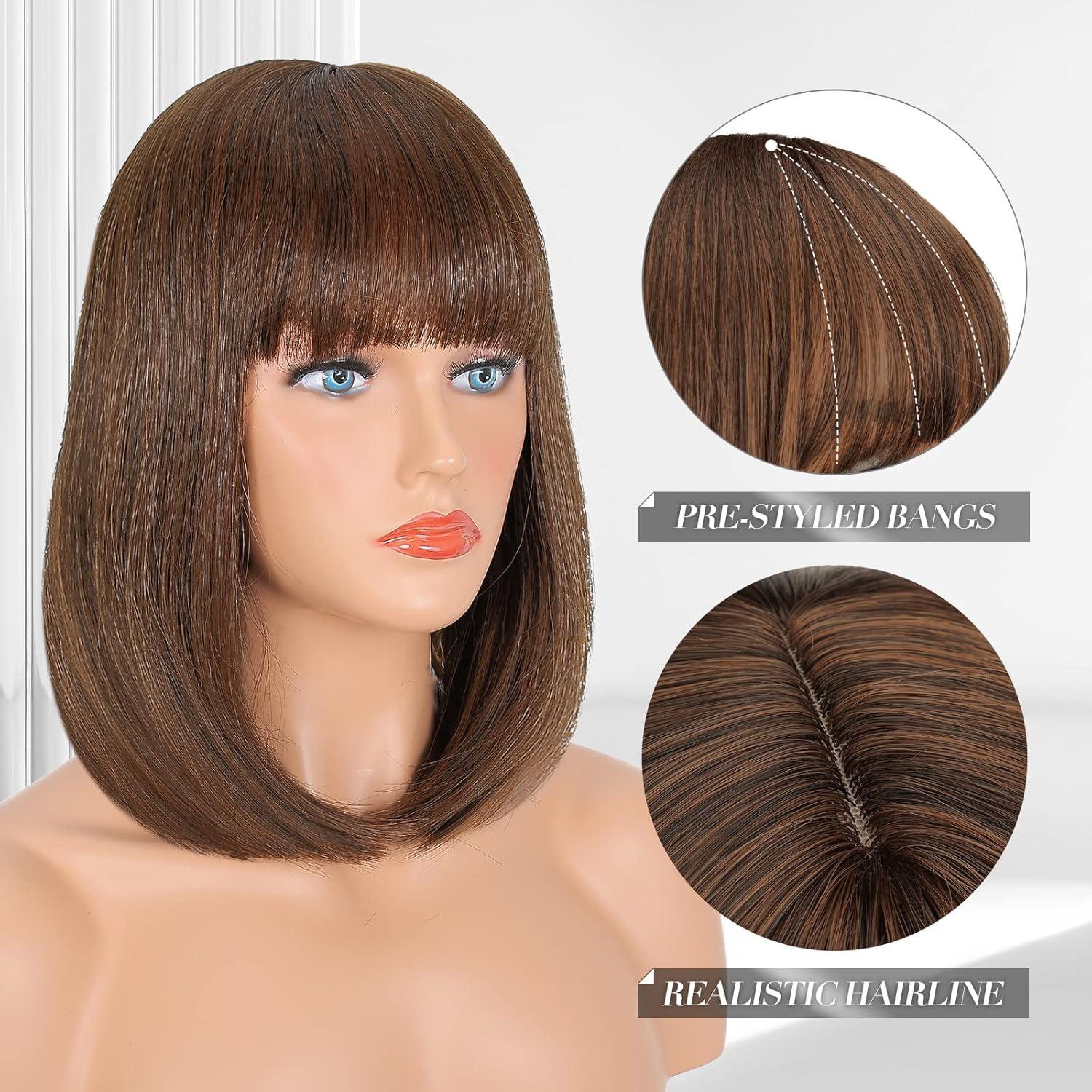 image:imageFESHFEN Perruque Onduls avec Frange Perruque Bob Nuturelle Cheveux Blond Clair Cosplay Synthtique Perruques pour Femmes 35cmBrun ClairLisse