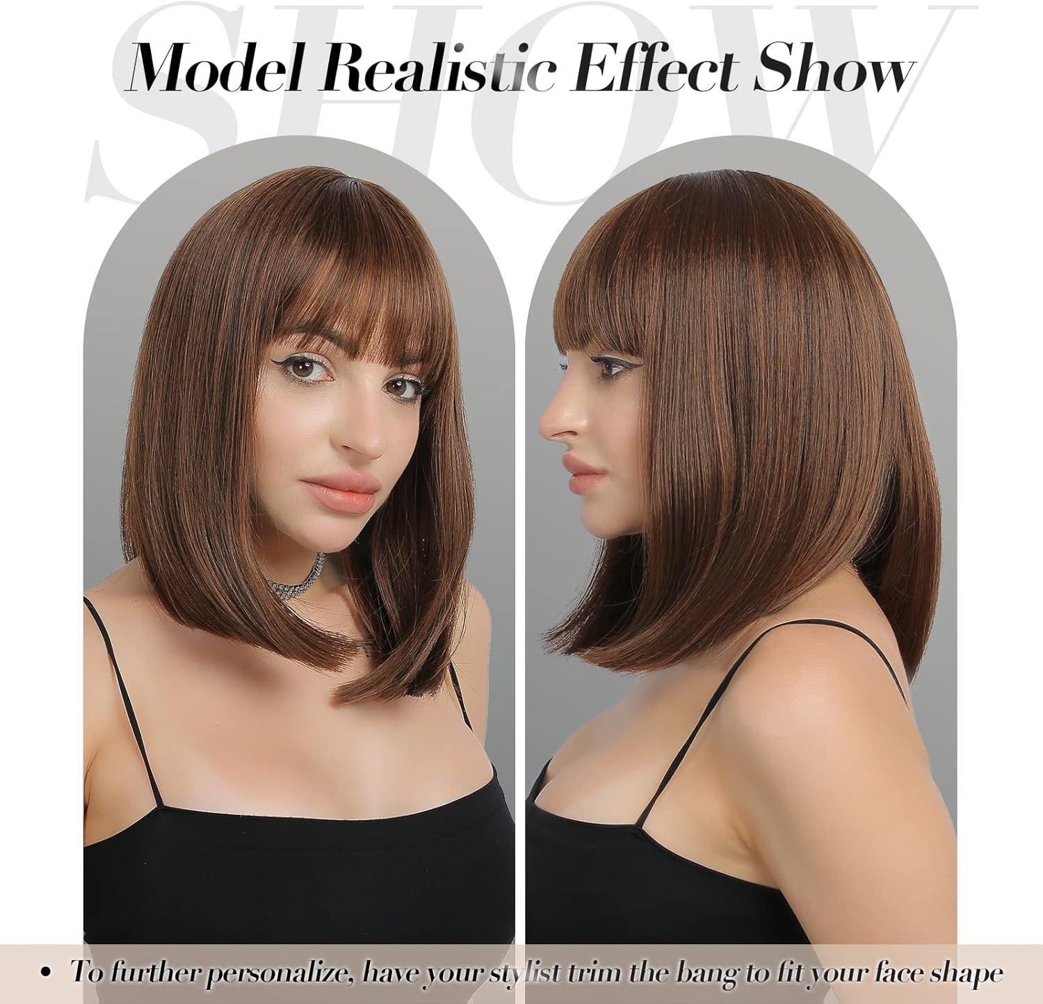 image:imageFESHFEN Perruque Onduls avec Frange Perruque Bob Nuturelle Cheveux Blond Clair Cosplay Synthtique Perruques pour Femmes 35cmBrun ClairLisse