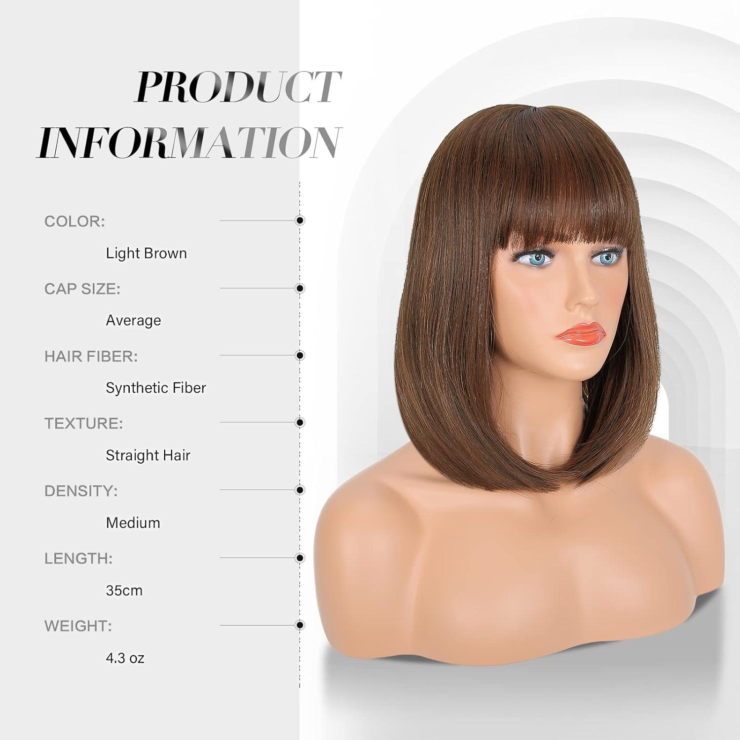 image:imageFESHFEN Perruque Onduls avec Frange Perruque Bob Nuturelle Cheveux Blond Clair Cosplay Synthtique Perruques pour Femmes 35cmBrun ClairLisse