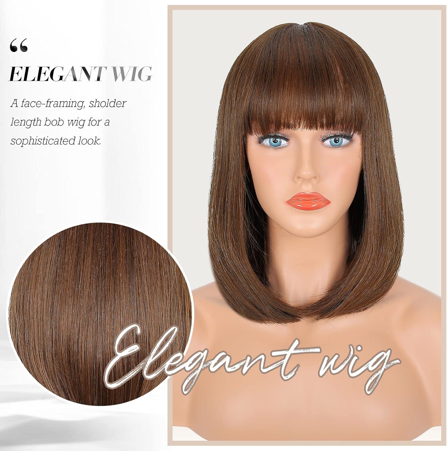 image:imageFESHFEN Perruque Onduls avec Frange Perruque Bob Nuturelle Cheveux Blond Clair Cosplay Synthtique Perruques pour Femmes 35cmBrun ClairLisse