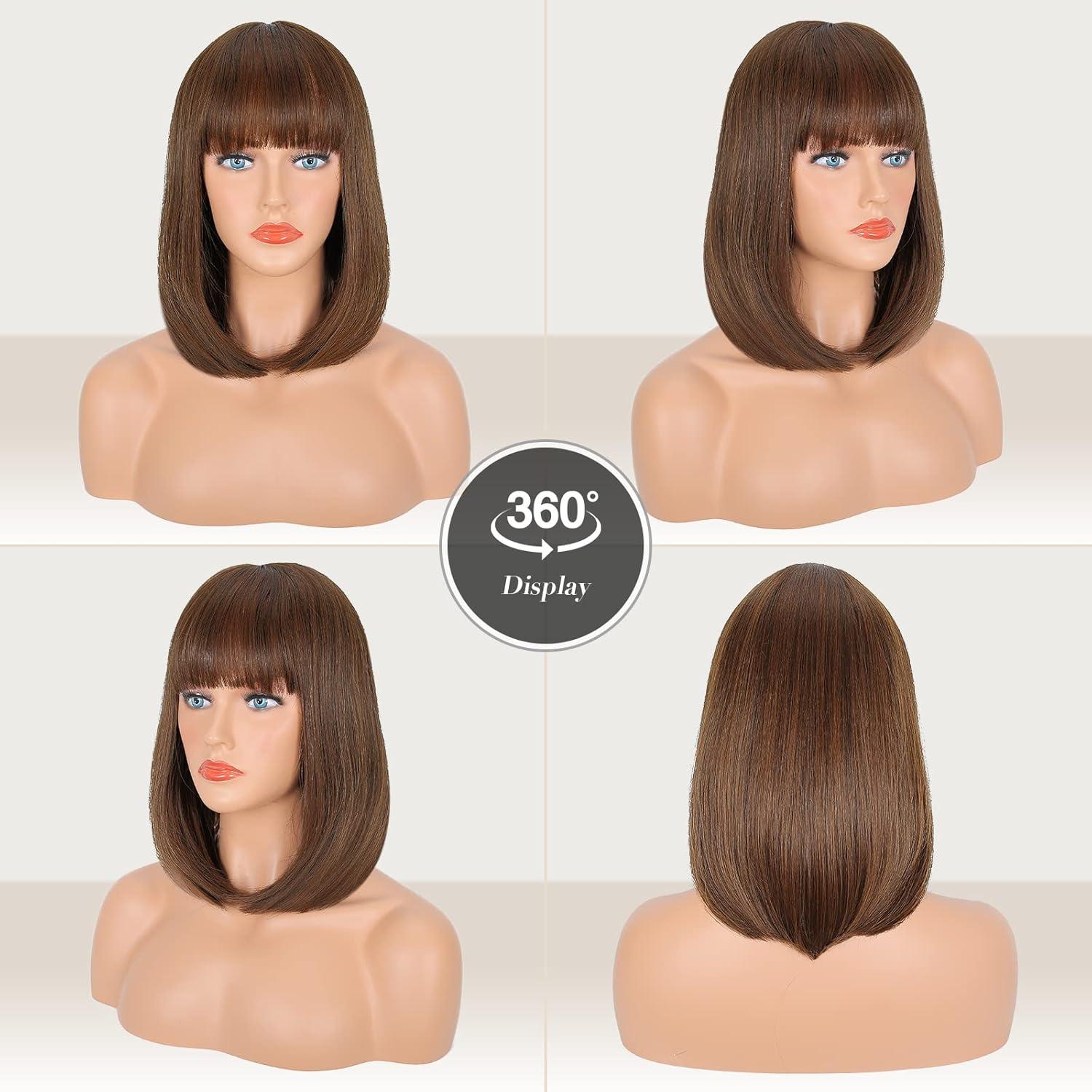 image:imageFESHFEN Perruque Onduls avec Frange Perruque Bob Nuturelle Cheveux Blond Clair Cosplay Synthtique Perruques pour Femmes 35cmBrun ClairLisse