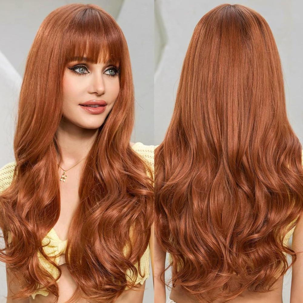 image:imageEMMOR Perruques blondes cendres ombres pour femme Perruques de couleur avec frange Longue fibre boucle rsistante la chaleur Perruque synthtique pour tous les jours Aspect naturelOmbr Auburn