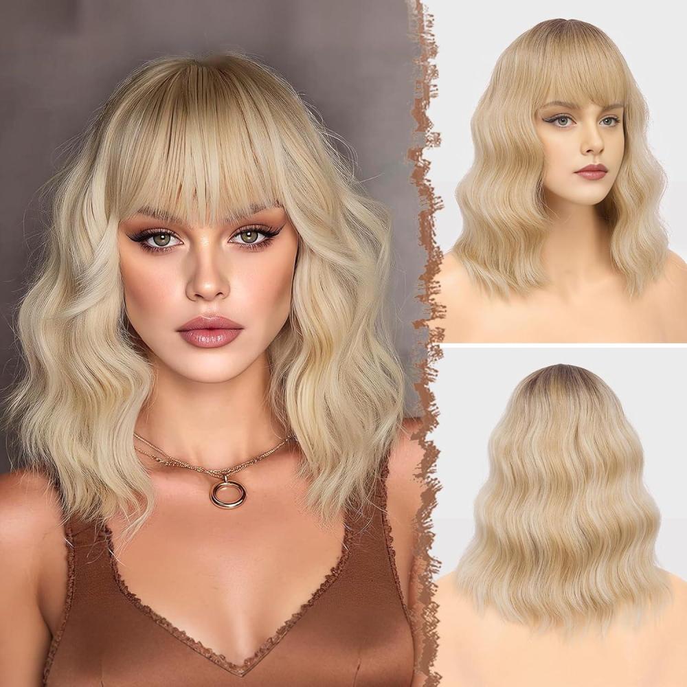 image:imageFESHFEN Perruque Onduls avec Frange Perruque Bob Nuturelle Cheveux Blond Clair Cosplay Synthtique Perruques pour Femmes 35cmBlond ombr avec reflets