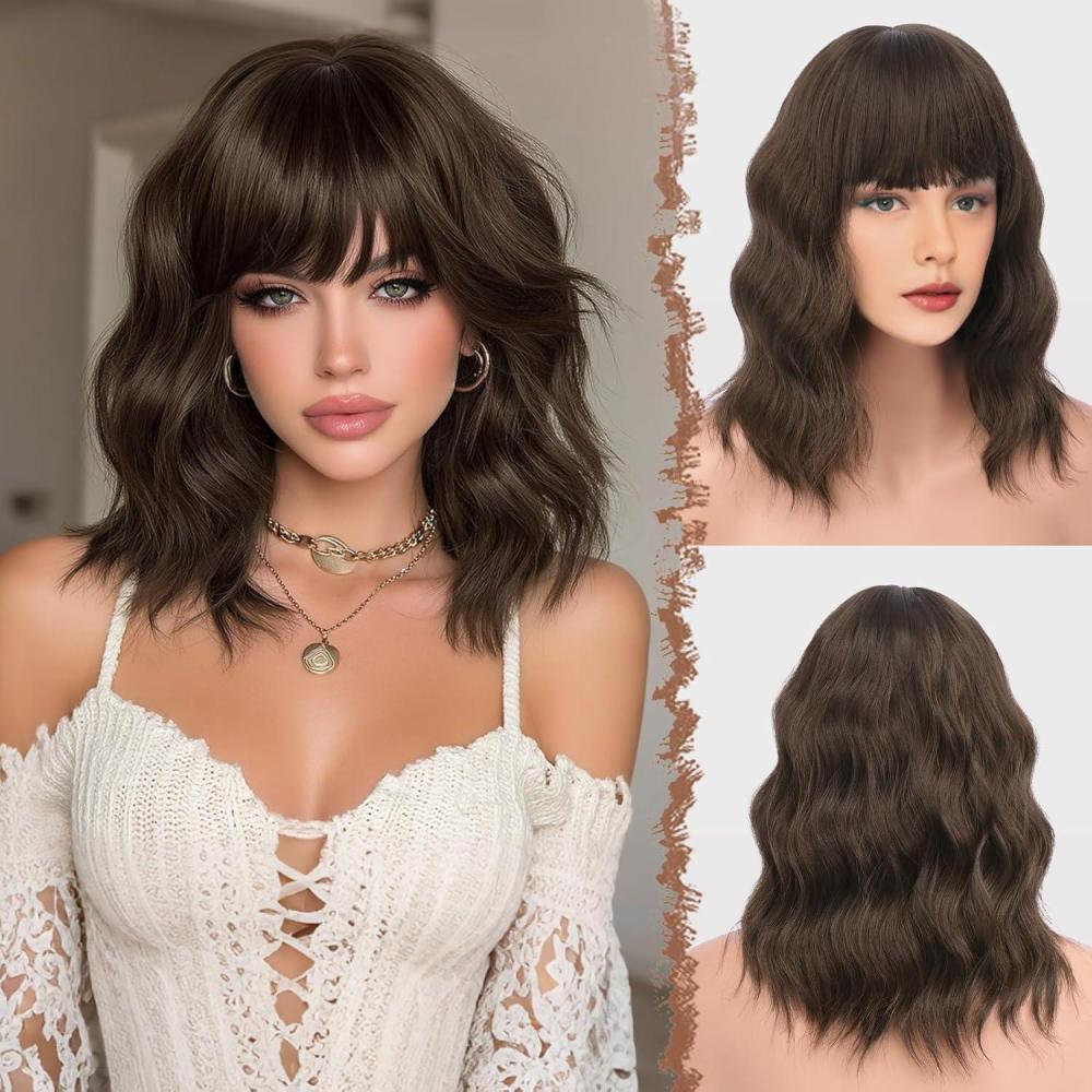 image:imageFESHFEN Perruque Onduls avec Frange Perruque Bob Nuturelle Cheveux Blond Clair Cosplay Synthtique Perruques pour Femmes 35cmBrun avec Mches