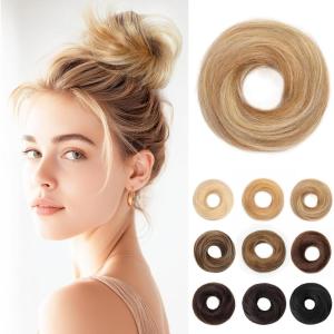 17G Extensions de cheveux en cheveux naturels avec élastique, accessoire chignon donut désordonné, cheveux ondulés pour femmes, brun foncé avec forme de chignon en lin foncé, véritable([Droite] Brun doré / blond blanchi)