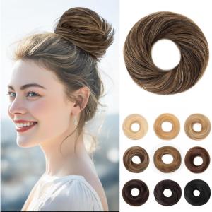 17G Extensions de cheveux en cheveux naturels avec élastique, accessoire chignon donut désordonné, cheveux ondulés pour femmes, brun foncé avec forme de chignon en lin foncé, véritable([Droit] Noir naturel avec lin foncé)