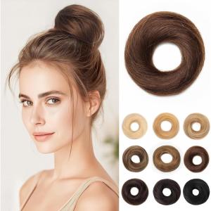 17G Extensions de cheveux en cheveux naturels avec élastique, accessoire chignon donut désordonné, cheveux ondulés pour femmes, brun foncé avec forme de chignon en lin foncé, véritable([Droite] Marron chocolat)