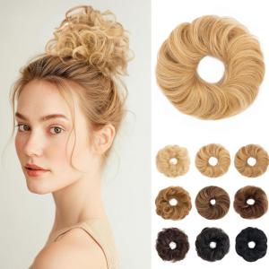 17G Extensions de cheveux en cheveux naturels avec élastique, accessoire chignon donut désordonné, cheveux ondulés pour femmes, brun foncé avec forme de chignon en lin foncé, véritable([Ondulé] Blond clair avec mèches blond platine)